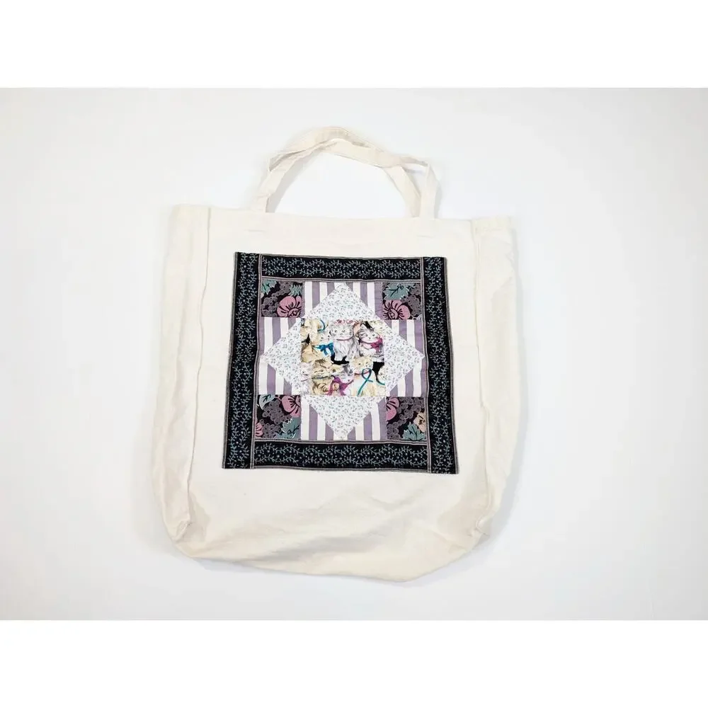 Vintage Cat Tote Bag Beige Canvas Patchwork Pocket